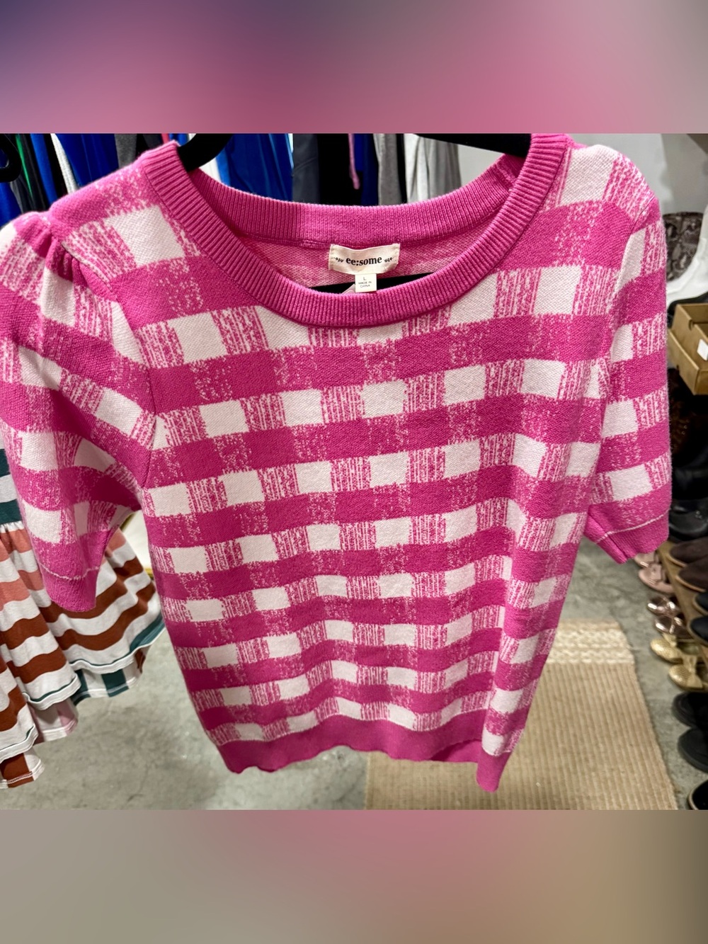 eesome Fuchsia and White Check Knit Top